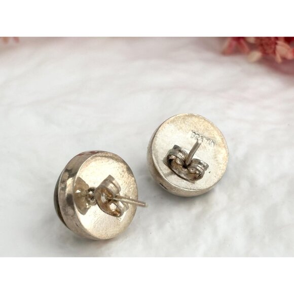 Iridescent Stoned Round Cut Bezel Set Vintage Sterling Silver 925 Stud Earrings - Picture 4 of 9